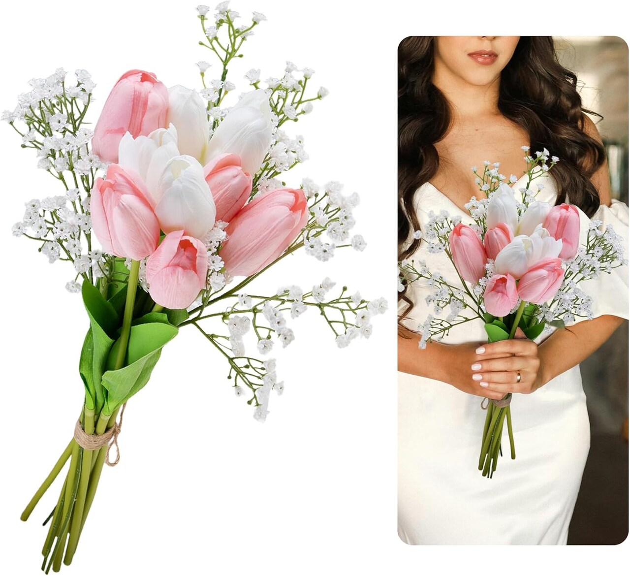 12Pcs Artificial Flowers Bouquet Tulip & Baby Breath, 19" Fake Flowers for Valentine’s Day, Wedding Bride Bouquets Home Indoor Vase Table Decor (Pink & White)